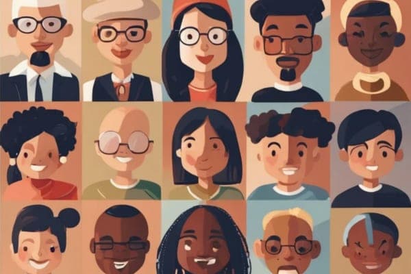 Illustrated grid of diverse faces representing many cultures and backgrounds